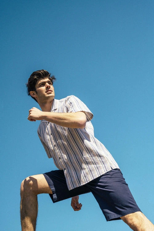 Brava Fabrics Chemise Manches Courtes Homme Cactus ALOHA - Avec Rayures Beiges Et Bleues- En Coton Bio 5 Brava Fabrics Chemise Manches Courtes Homme Cactus ALOHA - Avec Rayures Beiges Et Bleues- En Coton Bio - Image 3