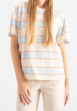 T Shirt Rayé Femme ELEME - Rayé écru Et Bleu Clair - En Coton Bio