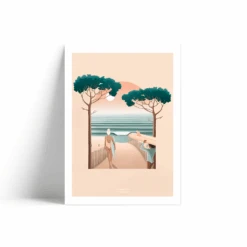 Dessin Surfeuse Vue Sur Les Landes - Fond Rose - Imprimée Dans Les Landes