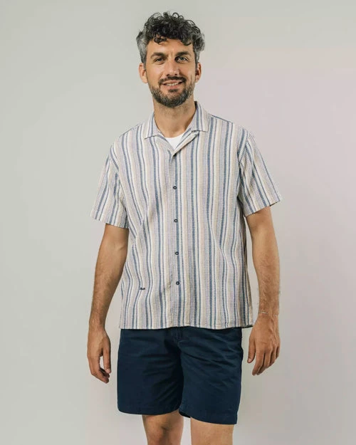 Brava Fabrics Chemise Manches Courtes Homme Cactus ALOHA - Avec Rayures Beiges Et Bleues- En Coton Bio 6 Brava Fabrics Chemise Manches Courtes Homme Cactus ALOHA - Avec Rayures Beiges Et Bleues- En Coton Bio - Image 4