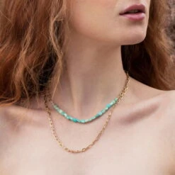 Collier Double Berlingot Avec Pierres En Amazonite - Fabriqué En France