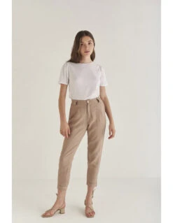 Pantalon En Lin Droit Femme NEGUEV - En Taupe - Fabriqué En Espagne