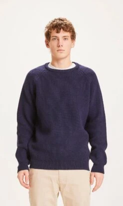 Pull Côtelé Homme O NECK - Couleur Bleu Marine - En Laine Biologique