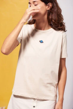 T-shirt Manches Courtes Brodé Femme LUNE - En Beige - En Coton Bio GOTS