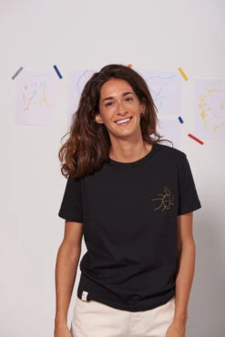 T-shirt Manches Courtes Brodé Femme RAOUL - En Noir - En Coton Bio GOTS