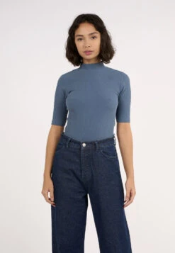 T-shirt Col Cheminée Femme RIB - En Plusieurs Coloris - En Coton Biologique GOTS -Clothing Discounts Store t shirt col cheminee rib bleu