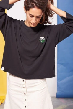 T-shirt Manches Longues Côtelé Femme LUNE - En Noir - En Coton Bio GOTS